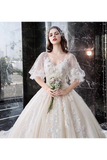 Princess Half Sleeve Ball Gown Wedding Dresses Appliques V Neck Bridal STKPYYC62LK