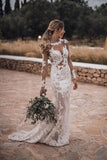Mermaid Lace Appliques Long Sleeve See-Though Tulle Wedding Dresses Beach Wedding STKPBSR61G8