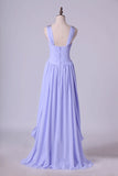 2024 Beautiful Prom Dresses A Line V Neck Floor Length Chiffon With Beaded P8T3L3YX