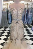 Elegant Sweetheart Tulle Beaded Long Mermaid Prom Dresses, Cheap Formal Dresses STK15207