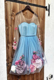 Unique Long Sleeve Blue Short Prom Dresses With 3D Appliques, Homecoming Dress STK15604