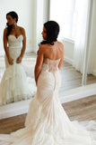 Sweetheart Mermaid Tiered Lace Wedding Dress Ruched Sweep Train Bridal Dresses