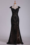 2024 Black Off The Shoulder Sheath Prom Dresses Lace&Tulle Floor Length With Applique & PACTT1CJ