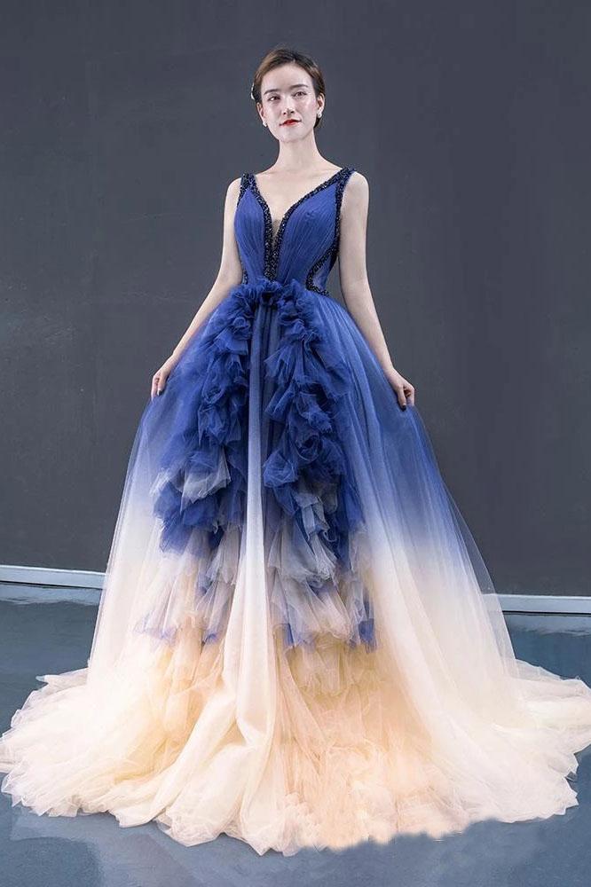 Ball Gown Ombre V Neck Tulle Royal Blue Long Prom Dresses, Quinceanera Dresses STK15067