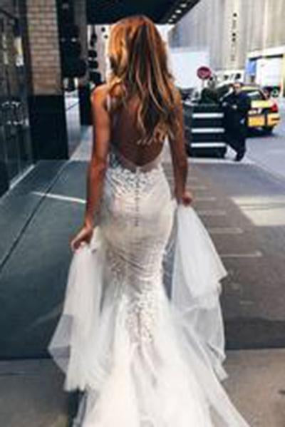 Luxurious Mermaid Long V-neck Wedding Dress with Open Back