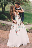 A Line V Neck Ivory Lace Prom Dresses With Embroidery Printed Evening PX5DTBXL