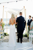 Spaghetti Straps V Neck Lace Wedding Dresses, Backless Mermaid Beach Wedding Gowns STK15423