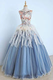 Princess Ball Gown Appliques Blue Tulle Prom Dresses, Sweet 16 Dress, Quinceanera Dress STK15289