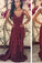 Simple Burgundy A-Line Chiffon Lace V-Neck Spaghetti Straps Backless Long Prom Dresses
