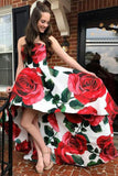 A Line Strapless High Low Red Rose Floral Satin Prom Dresses, Long Evening Dress STK15556
