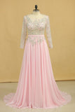 2024 Plus Size A Line Chiffon Prom Dresses Bateau Long Sleeves With Beads & P9DE6SEH