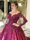 Ball Gown Long Sleeves Burgundy Satin Beads Prom Dresses with Appliques, Quinceanera Dress STK15498