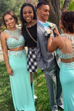 mint green long charming prom dress two pieces prom dress beaded evening dress