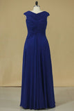 2024 Dark Royal Blue A Line Cowl Neck Prom Dresses Chiffon With Applique And PC917E12