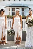 A Line Chiffon Spaghetti Straps Blush Pink Bridesmaid Dresses with Split, Long Prom Dress STK15486
