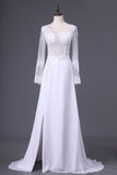 2022 See-Through Prom Dresses V Neck Long Sleeves Chiffon With Applique PGGXYLFX
