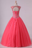 2024 Open Back Quinceanera Dresses Scoop With Embroidery & Beading Floor PFQD4KE8