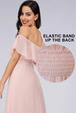 Charming Off Shoulder Ruffle Pink Chiffon Long Prom Dresses Bridesmaid Dresses STK15114