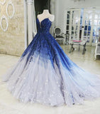 Ombre Ball Gown Royal Blue Prom Dresses With Appliques, Long V Neck Quinceanera Dresses STK15275