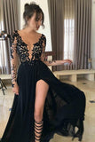 Sexy Black Long Sleeve Lace Slit V-Neck Prom Dress Evening Dresses