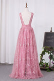 2024 V Neck A Line Tulle & Lace Prom Dresses P3H39DT4