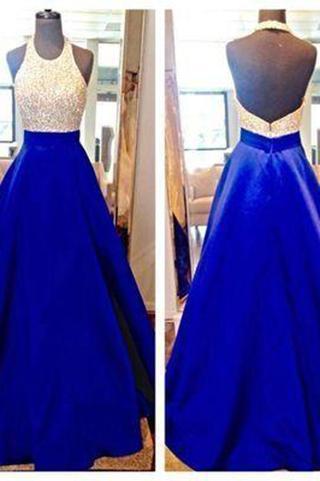 Charming Long Sexy Backless Halter Backless Sleeveless Beads with Pockets Prom Dresses