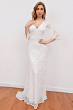 Charlize Trumpet/Mermaid V-Neck Lace Natural Waist 3/4 Length Sleeve Sweep-Brush Train Bridesmaid Dresses