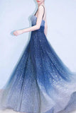 Elegant A Line Royal Blue Straps Floor Length Prom Dresses, Ombre Dance Dresses STK15150