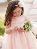 Cute Pink Tulle Flower Girl Dresses with Sash Floor Length, Round Neck Child Dresses STK15575