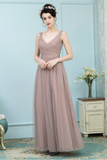 Bridget Floor Length Sleeveless V-Neck Tulle A-Line/Princess Natural Waist Bridesmaid Dresses