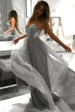 Flowy A Line Spaghetti Straps Grey Tulle Long Prom Dresses Cheap Dance Dresses STK15228