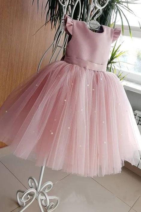 Lovely Pretty Pink Round Neck Tulle Flower Girl Dresses, Cheap Wedding Little Girl STK15258
