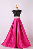 2024 Two Pieces Prom Dresses Scoop Appliqued&Beaded Bodice Floor Length Open PXCJM437