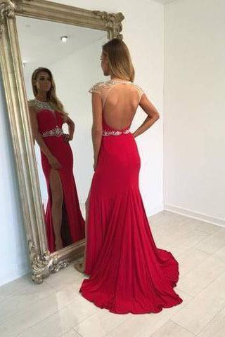 Backless Beading Mermaid Real Made Long Open Back Scoop Slit Cap Sleeve Evening Dresses