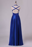 2024 Scoop Prom Dresses A Line Open Back Stretch Satin With Slit PKM2DQF1