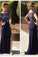 Cap Sleeve Navy Blue See Through Scoop Slit Long Custom Cheap Evening Dresses