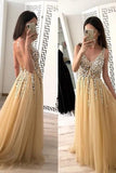 2024 Champagne Tulle Beading A-Line V-Neck Prom Dresses WIth PG59ZZDN