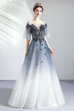 A Line Half Sleeves Tulle Long Ombre Prom Dress with Appliques Blue Evening Dresses STK15001