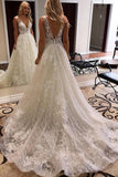 Luxurious Ball Gown V Neck Open Back Ivory Lace Wedding Dresses,Sequins Beach Bridal Dresses STK15259