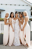 A Line Chiffon Spaghetti Straps Blush Pink Bridesmaid Dresses with Split, Long Prom Dress STK15486