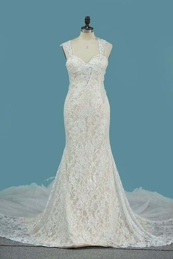 2024 Spaghetti Straps Lace Mermaid Wedding Dresses PHJP43YS