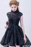 A-line High Neck Asymmetrical Lace Black Open Back High Low Modern Prom Dresses