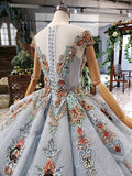 Ball Gown Blue Cap Sleeve Long Prom Dresses Lace up Beads Quinceanera Dresses
