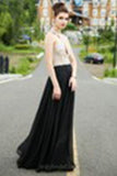 Classy A-line Scoop Chiffon Tulle Crystal Detailing Black Open Back Prom Dresses