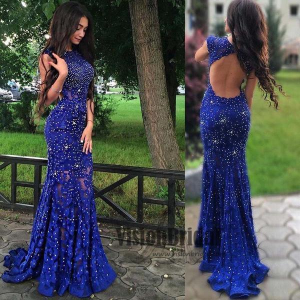 Royal Blue Jewel Sweep Train Lace Backless Mermaid Prom Dress with Beading