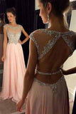 Backless Beaded Blush Pink Long Sexy Open Back Cap Sleeve Scoop Prom Dresses