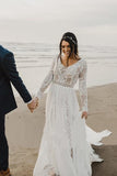 Charming A Line Long Sleeves V Neck Lace Ivory Beach Wedding Dresses, Bridal STK15623