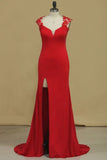 2024 Red Straps Open Back Sheath Prom Dresses Spandex With Applique PHTTDMDS