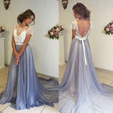 Pd61129 Charming Chiffon Short Sleeves Scoop A-Line Blue Backless Evening