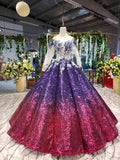 Ball Gown Ombre Sparkly Long Sleeve Sequins Prom Dresses, Quinceanera Dresses STK15066